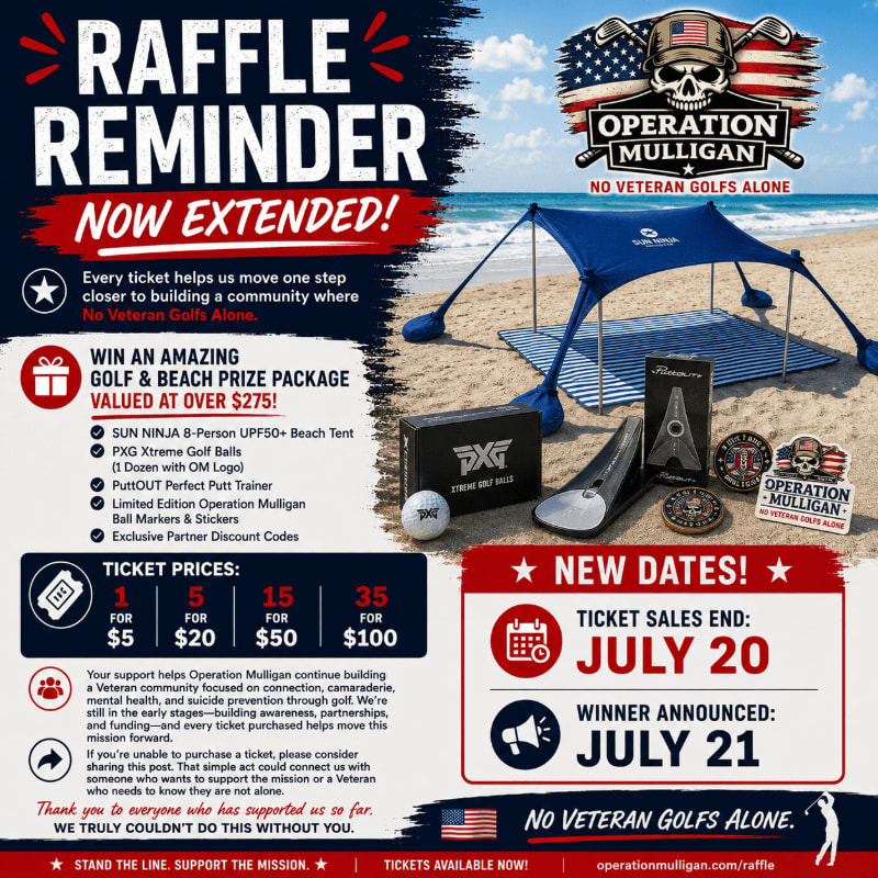 A beach scene with a blue tent and golf accessories in the foreground is set against a backdrop of a raffle reminder for Operation Mulligan.