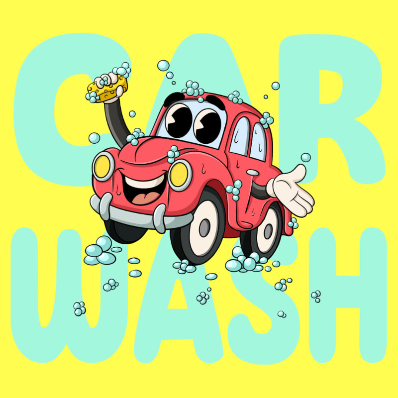 A cheerful red cartoon car with big eyes and a wide smile is being washed with soap bubbles and a sponge, set against a bright yellow background with the words "CAR WASH" in large, light blue letters.