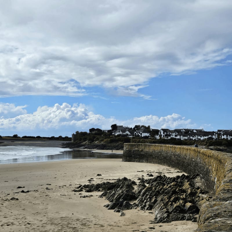 Coastal town with a curved stone sea wall and beach.