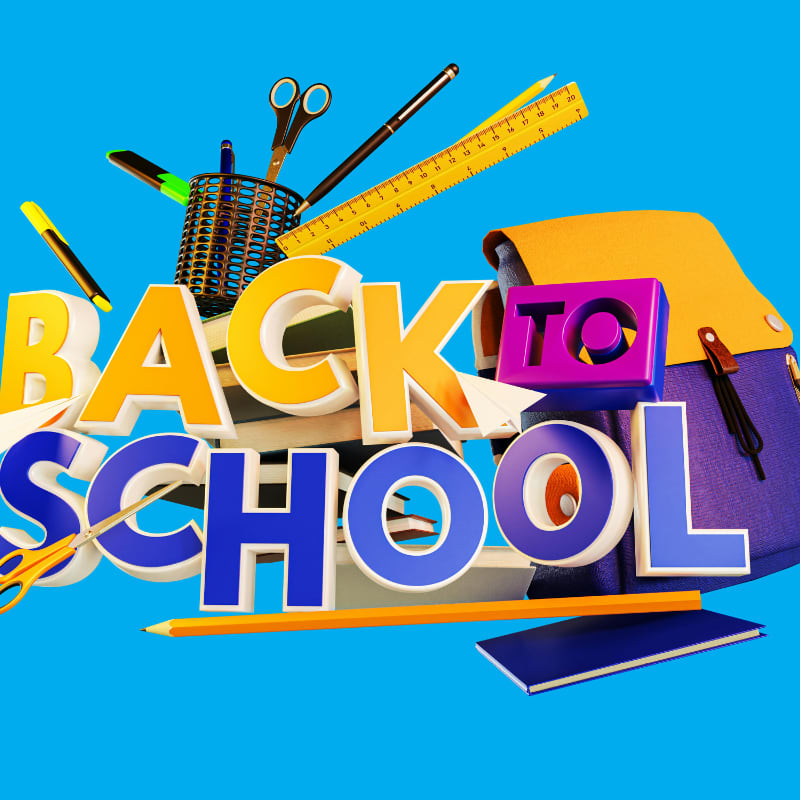 A back to school sign with school supplies on it