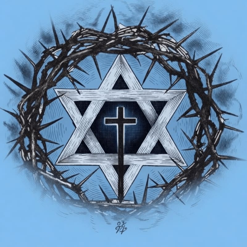 A crown of thorns encircles a Star of David with a cross at its center, set against a light blue background.