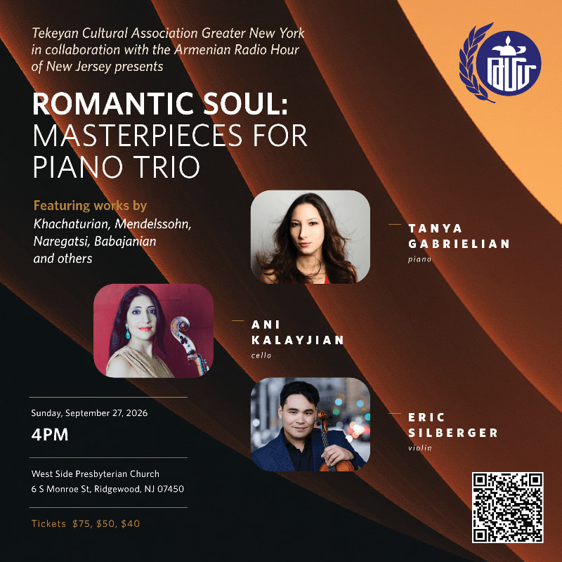A poster for a piano trio concert titled "Romantic Soul" features portraits of the musicians in the foreground against a dark, abstract background with text detailing the event.