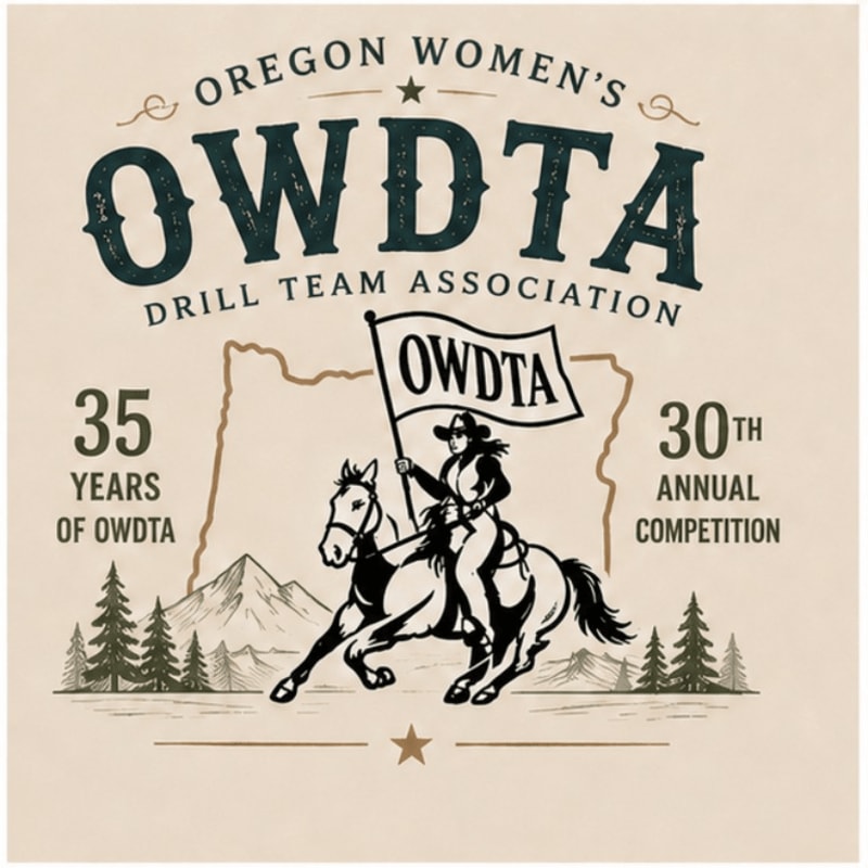 A woman on horseback holding a flag with "OWDTA" on it gallops in front of a map of Oregon, with mountains and trees in the background, celebrating 35 years of the Oregon Women's Drill Team Association.