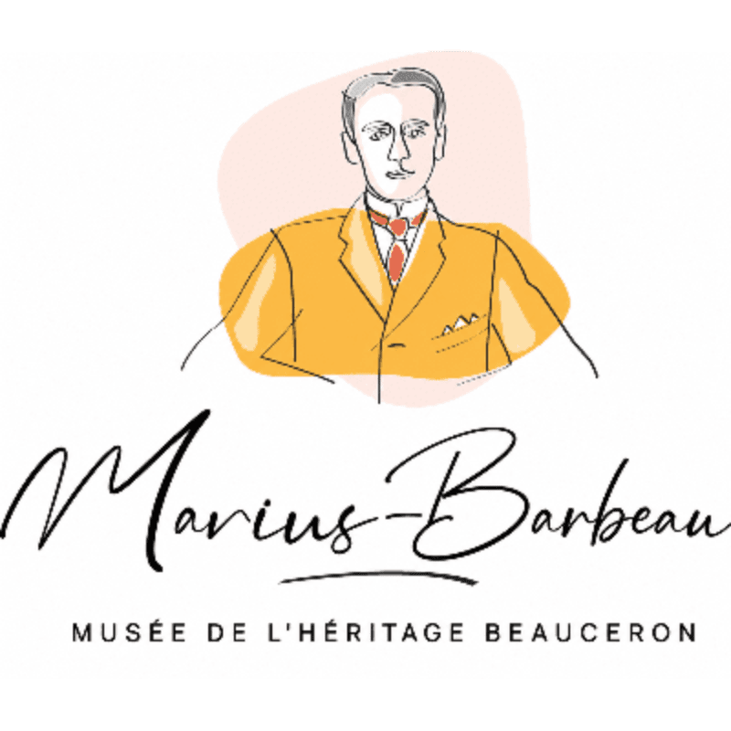 A sketch of a man in a yellow suit and red tie is in the foreground, with the name "Marius-Barbeau" and "MUSÉE DE L'HÉRITAGE BEAUCERON" written below him against a white background.