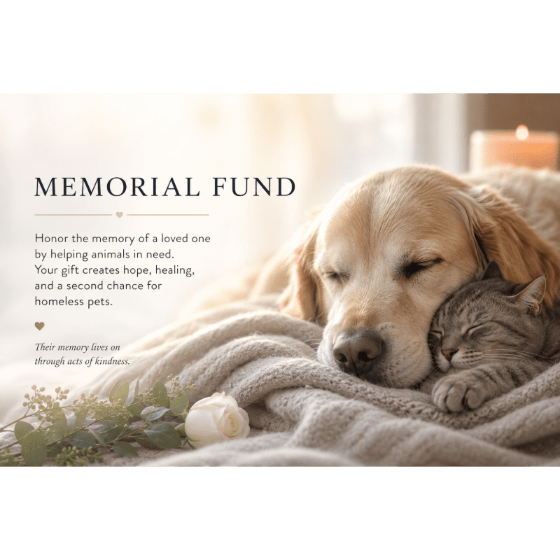 A golden retriever and a tabby cat sleep peacefully on a blanket in the foreground, with text about a memorial fund and a white rose to the left, and a blurred candlelit background.