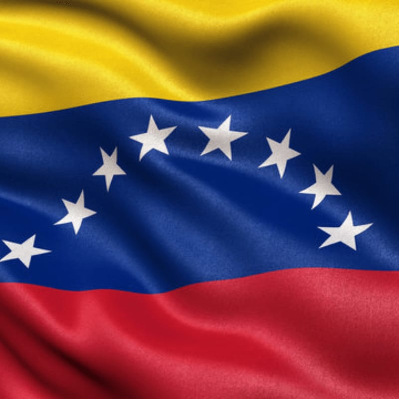 A close-up of the Venezuelan flag, with its yellow, blue, and red stripes and a row of white stars, ripples in the foreground against a softly blurred background.