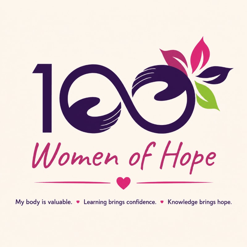 A logo with the number 100 and the words "Women of Hope" in the foreground, set against a light cream background with inspirational text at the bottom.