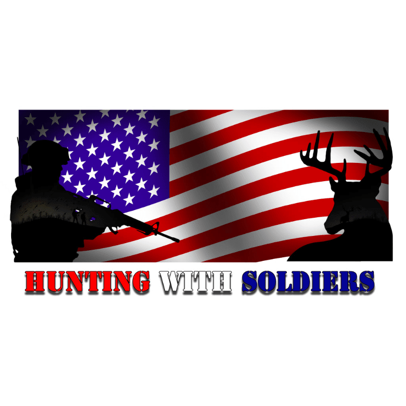 A silhouette of a soldier holding a rifle stands to the left of a waving American flag, while a deer silhouette is on the right, with the words "HUNTING WITH SOLDIERS" below.