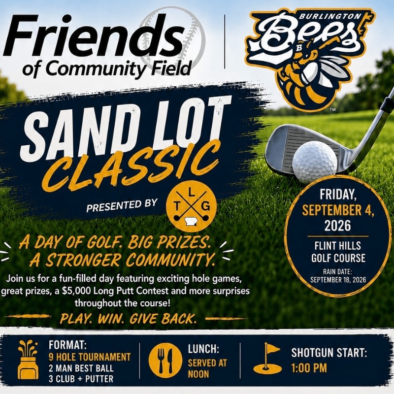 A golf club and ball rest on a grassy tee box in the foreground, with a promotional flyer for the "Sand Lot Classic" golf tournament set against a blurred background of trees and a blue sky.
