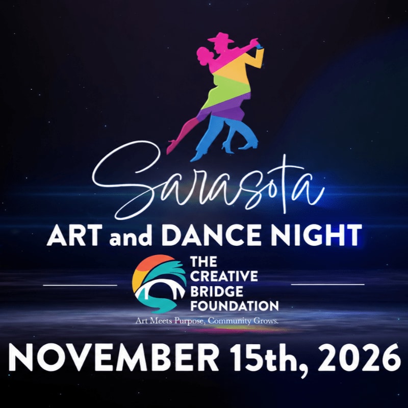 A colorful silhouette of dancing figures is superimposed over a dark, starry background, with event details for "Sarasota ART and DANCE NIGHT" on November 15th, 2026, prominently displayed below.