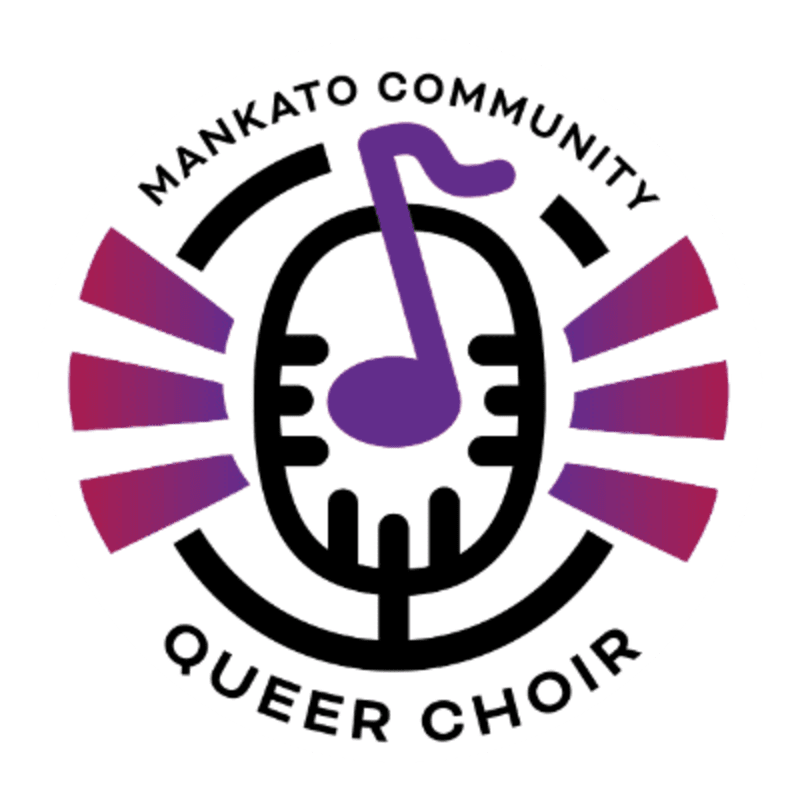 A purple musical note hovers over a black microphone outline, surrounded by radiating purple bars and text reading "MANKATO COMMUNITY QUEER CHOIR" in a circular arrangement.