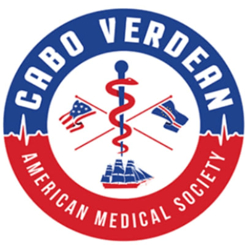 A circular logo with a red and blue border features a caduceus symbol in the center, flanked by American and Cape Verdean flags, with a sailing ship below, all against a white background.