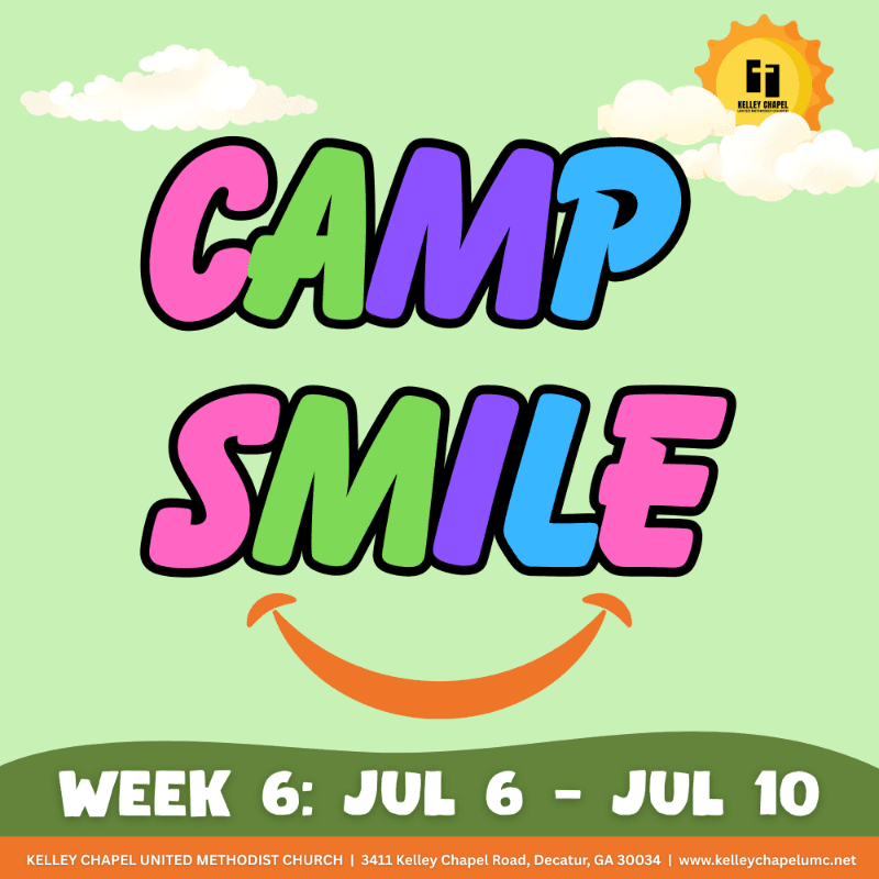 Colorful text "CAMP SMILE" with an orange smile below it is set against a light green background with clouds and a sun logo in the upper right corner, while the bottom displays event details.