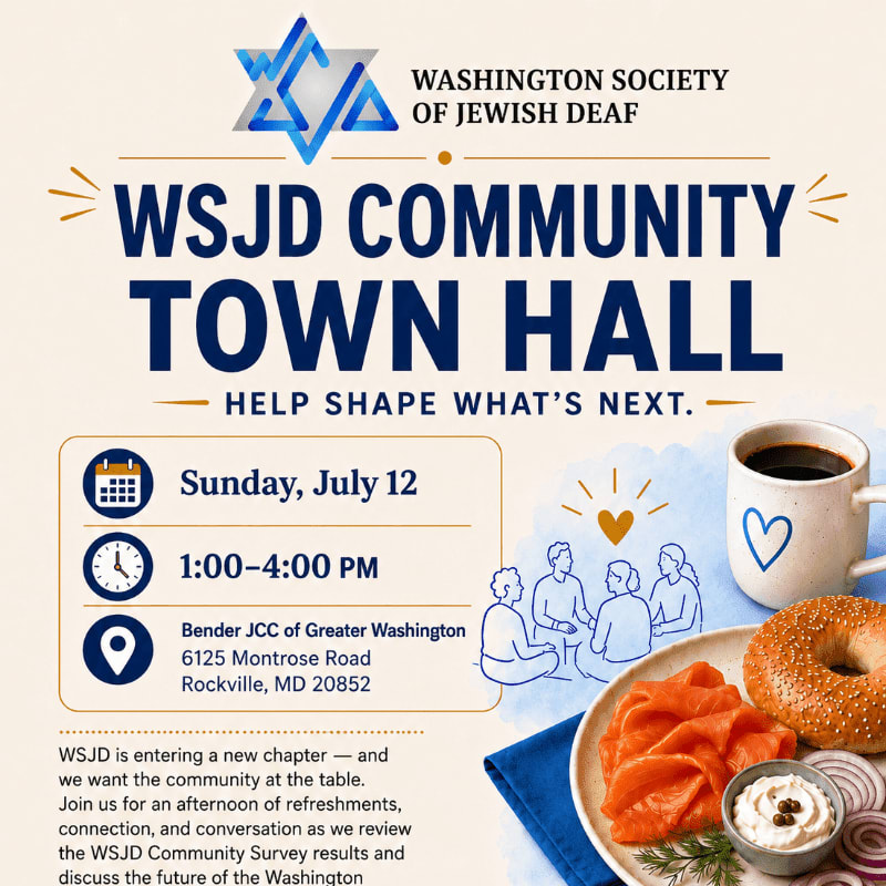 A town hall announcement for the Washington Society of Jewish Deaf features event details on the left and a drawing of people sharing food and drinks on the right.