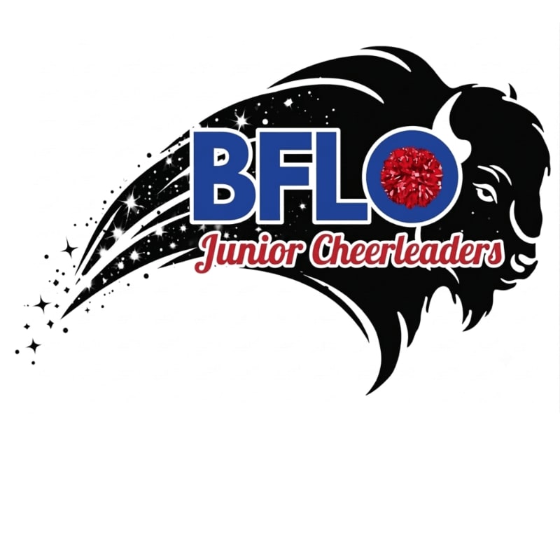 A black buffalo silhouette with "BFLO Junior Cheerleaders" written in white and red letters is set against a white background with a trail of stars.