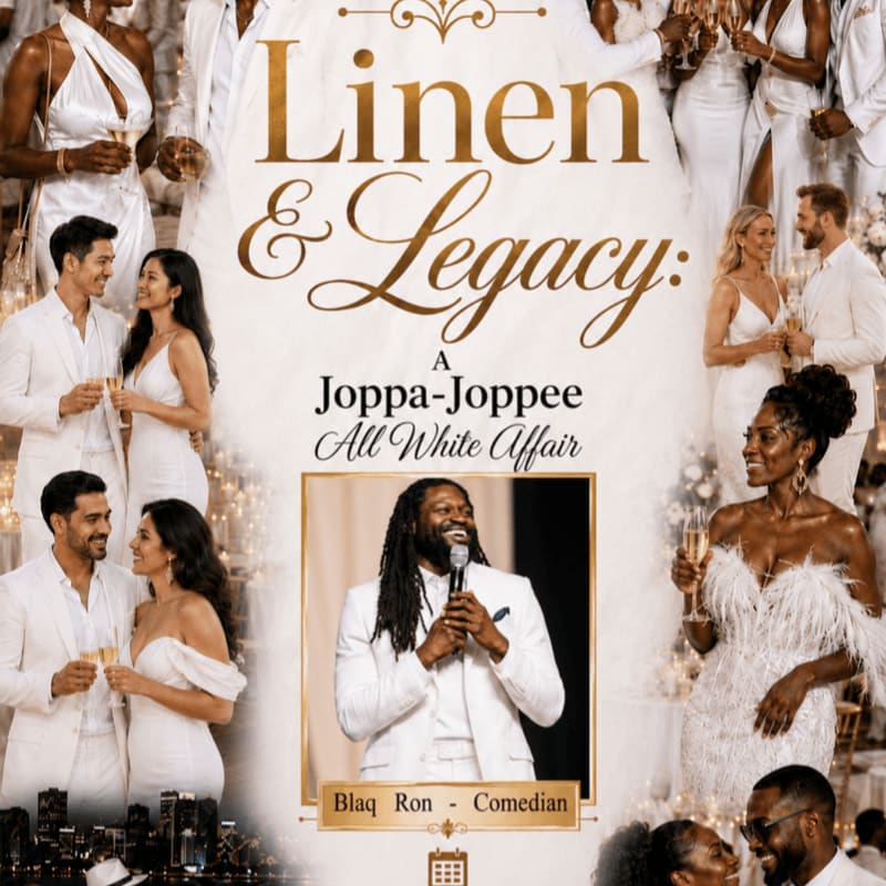 Couples in white attire mingle and toast in the foreground, while a comedian performs on stage in the background, all under the title "Linen & Legacy: A Joppa-Joppee All White Affair."