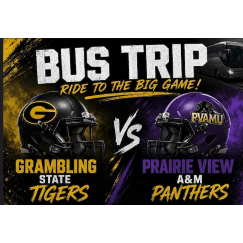 Two football helmets, one black with a gold "G" and the other purple with "PVAMU," are displayed in the foreground against a background advertising a bus trip to a game between the Grambling State Tigers and the Prairie View A&M Panthers, with a bus visible in the upper right.