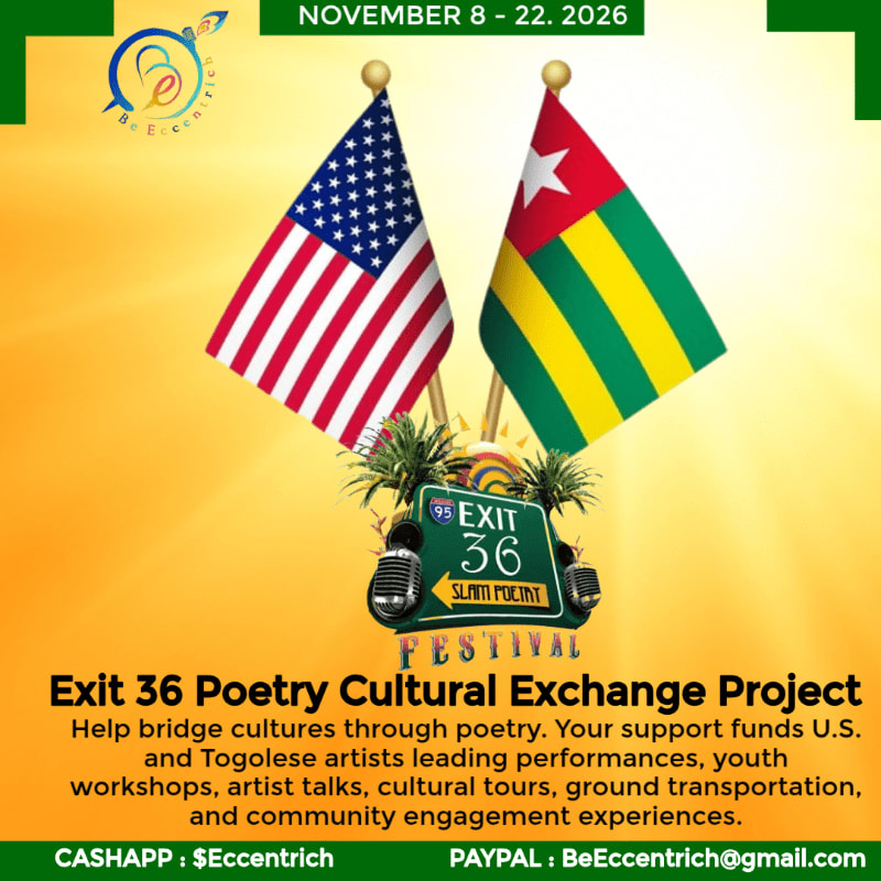 Two flags, the American and Togolese, stand prominently in the foreground against a bright yellow background, advertising the Exit 36 Poetry Cultural Exchange Project.