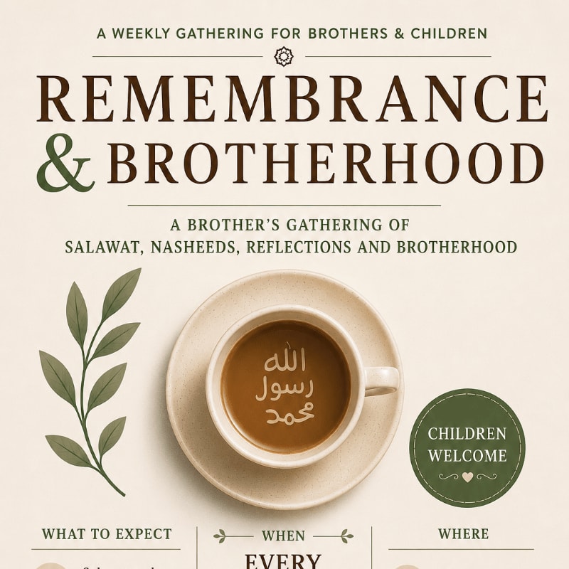 A cup of coffee with Arabic calligraphy sits on a saucer in the foreground, with text about a weekly gathering for brothers and children in the background.