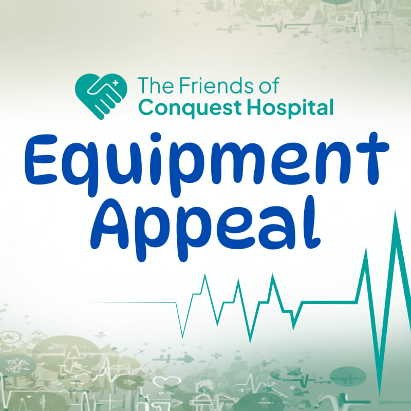 A teal heart with shaking hands and text reading "The Friends of Conquest Hospital Equipment Appeal" are in the foreground, with a faint electrocardiogram line and medical icons in the background.