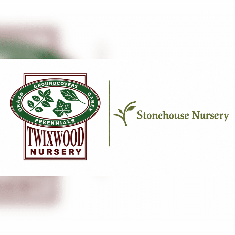 A logo for Twixwood Nursery, featuring green leaves and the words "Groundcovers," "Perennials," and "Grass," is on the left, while a logo for Stonehouse Nursery with a small green sprout and text is on the right, both against a white background.