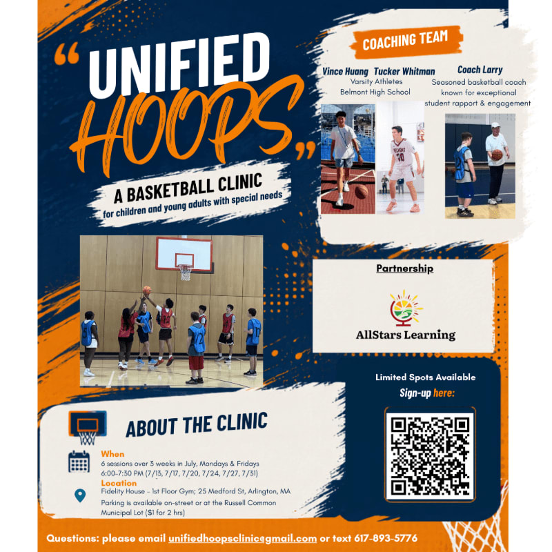 A basketball clinic flyer features a group of young people playing basketball in the foreground and information about the coaching team and clinic details in the background.
