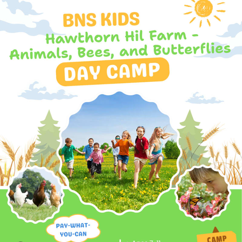 Children run through a grassy field with farm animals and butterflies visible in circular insets, all under a bright sun and blue sky with stylized trees.