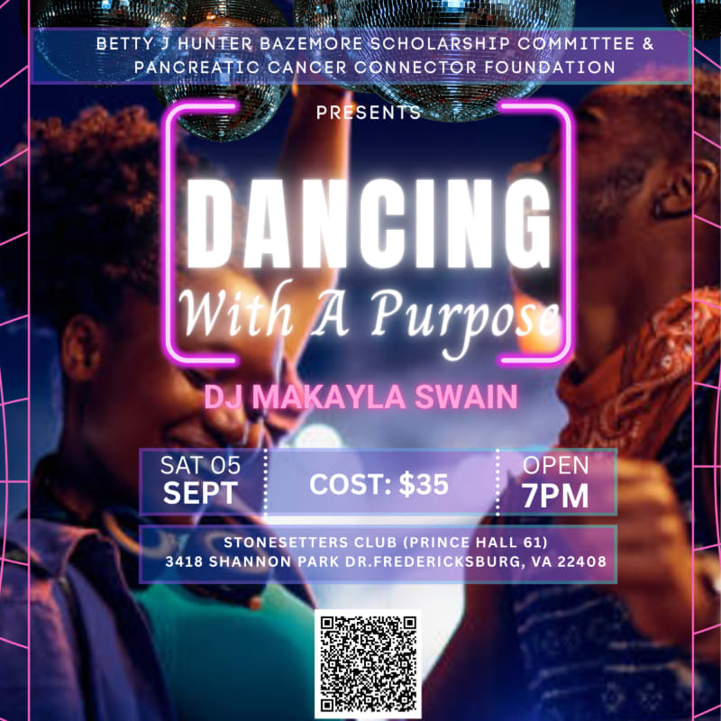 A couple dances in the foreground with a neon "Dancing With A Purpose" sign and event details superimposed over a blurred background of disco balls and a crowd.