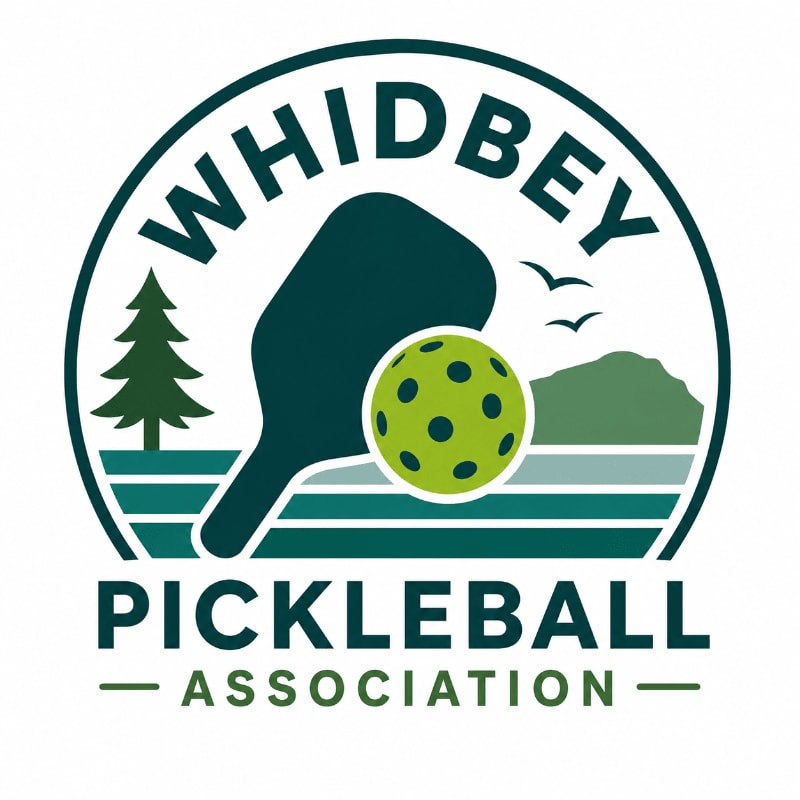 A green pickleball and paddle are in the foreground, with a stylized landscape of trees, hills, and birds in the background, all within a circular logo for "WHIDBEY PICKLEBALL ASSOCIATION."