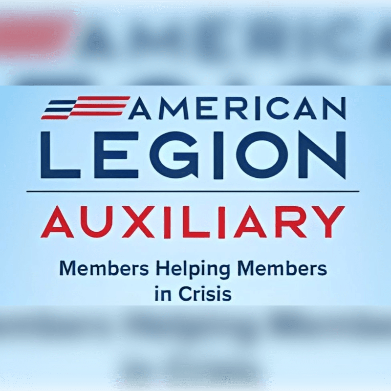The American Legion Auxiliary logo, with its bold text and American flag motif, is set against a soft, blurred blue background.