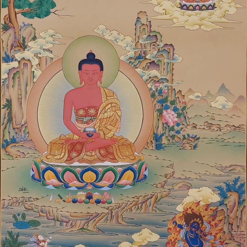 A serene Buddha sits in meditation on a lotus throne in the foreground, while a mystical landscape with mountains and clouds unfolds in the background.