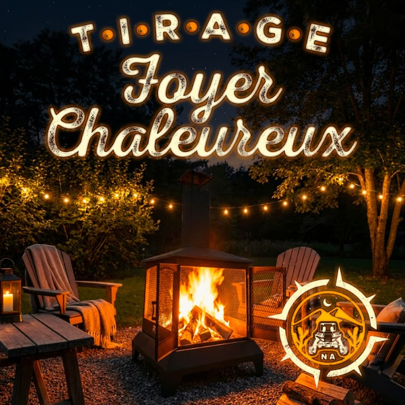 A glowing fire pit with chairs and string lights illuminates a backyard scene at night, with trees and a logo in the background.