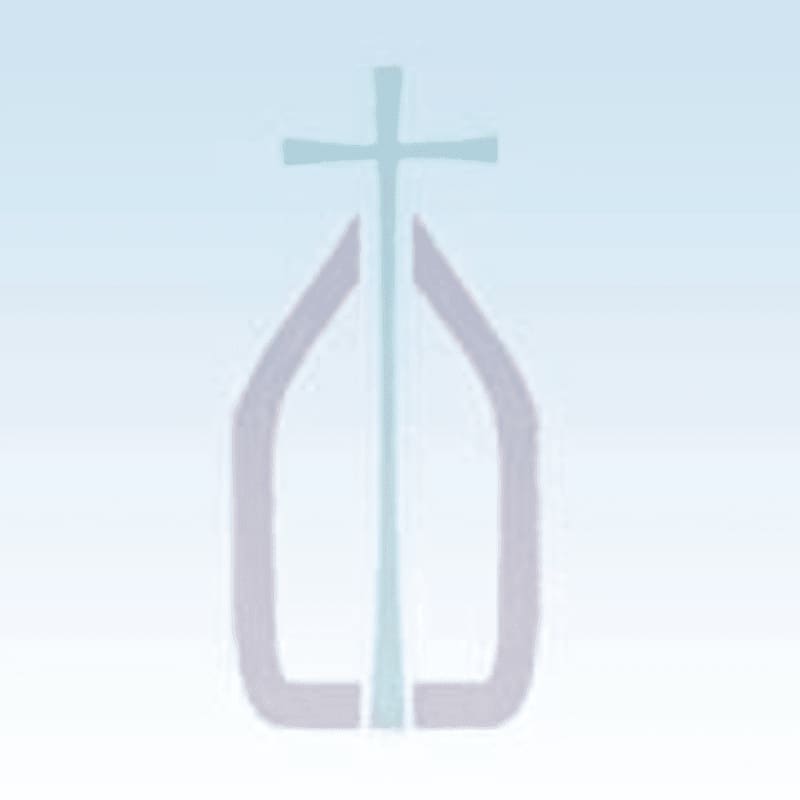 A light blue cross atop a stylized white church silhouette is set against a soft gradient of blue and purple.