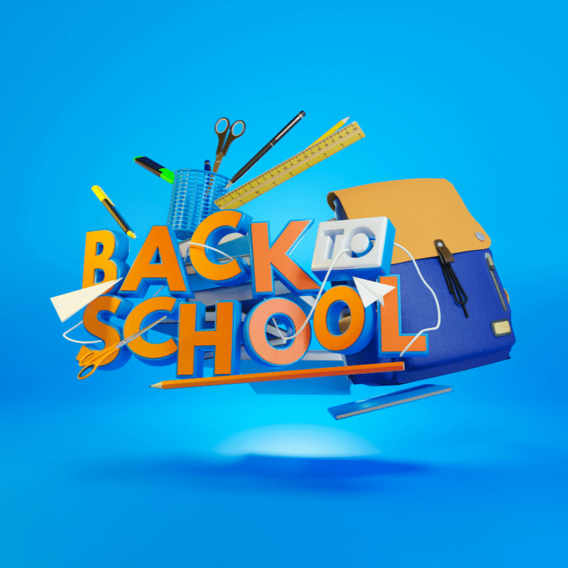 The back to school logo is shown on a blue background