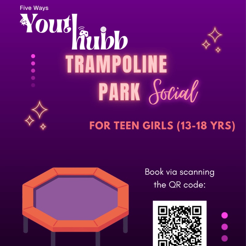 A trampoline is in the foreground against a purple background with event details for a teen girls' trampoline park social.