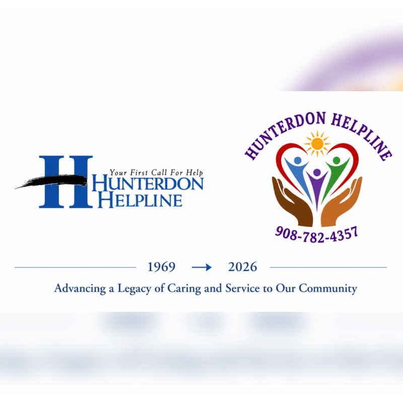 Two logos for Hunterdon Helpline are displayed, with the older logo on the left and a newer, more colorful logo on the right, all set against a white background with text indicating a legacy of caring from 1969 to 2026.
