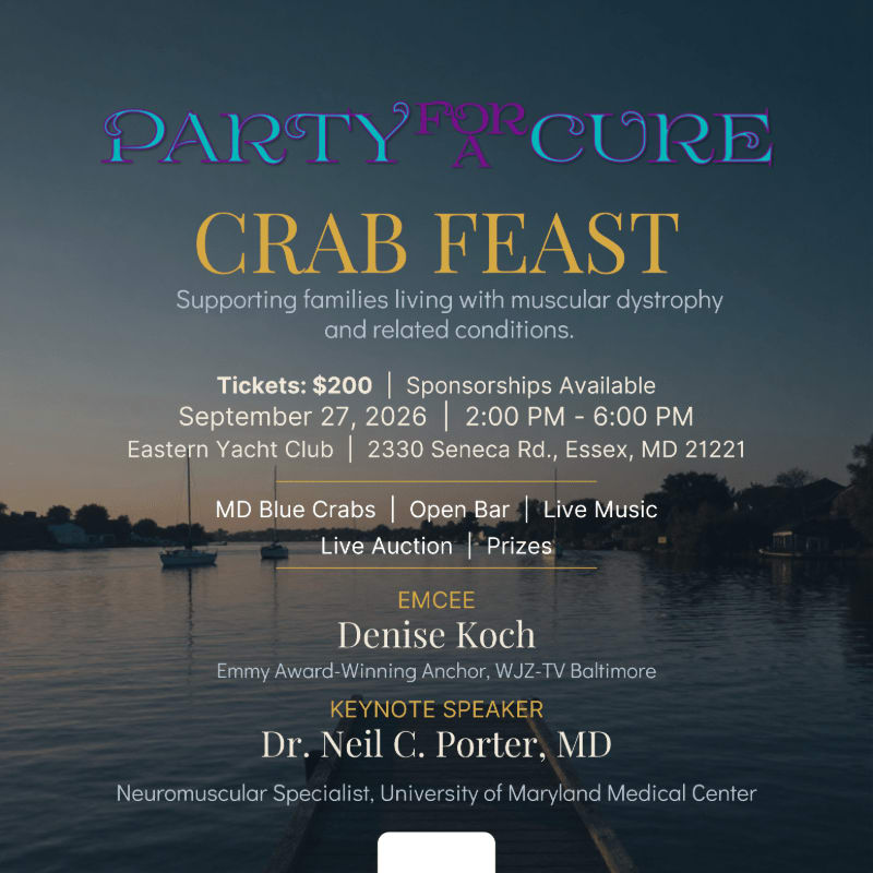 A "Party for a Cure Crab Feast" event is advertised over a serene waterfront scene with boats in the background and a pier in the foreground.