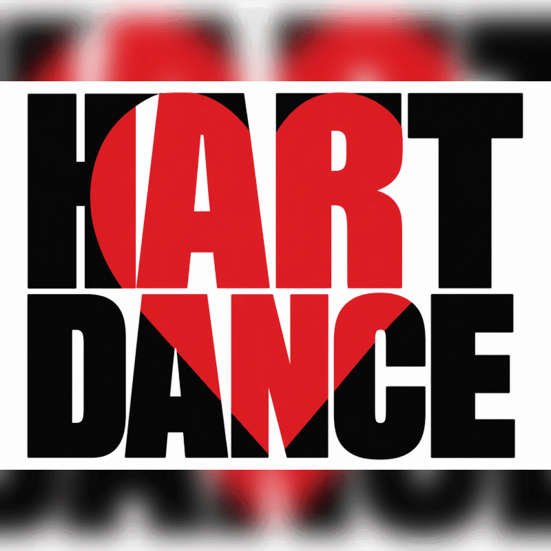 Bold red and black text spelling "HART DANCE" with a blurred red heart shape in the background.
