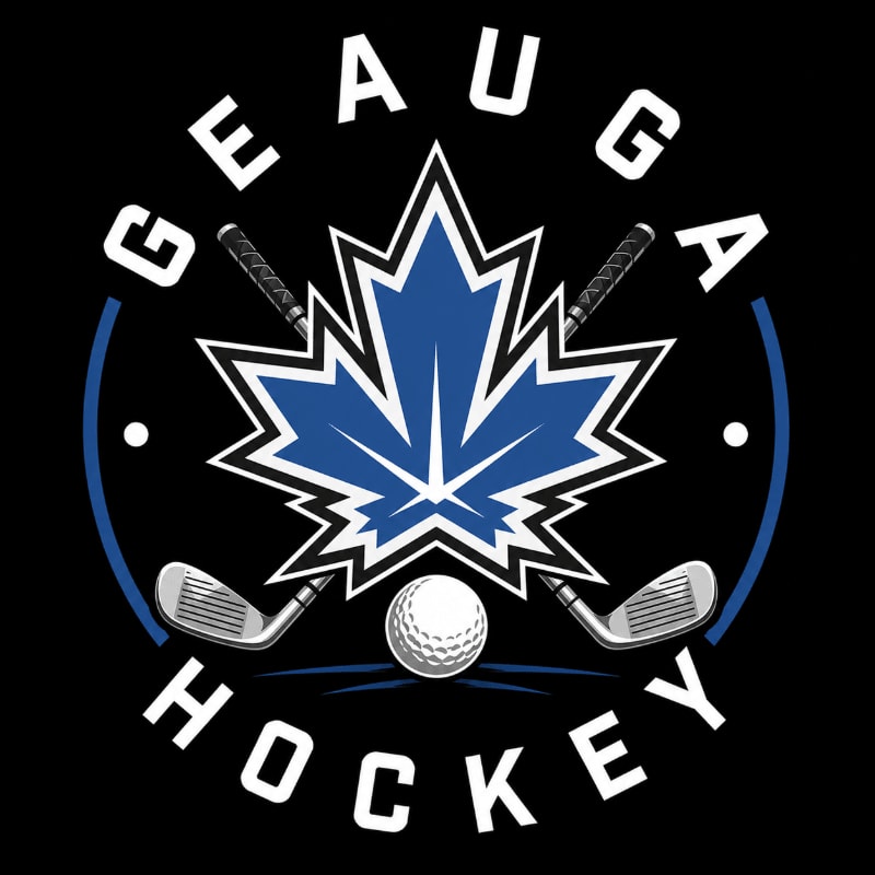 A white golf ball rests in front of a blue maple leaf emblem with crossed hockey sticks and golf clubs, all set against a black background with the words "GEAUGA HOCKEY" curved around the emblem.