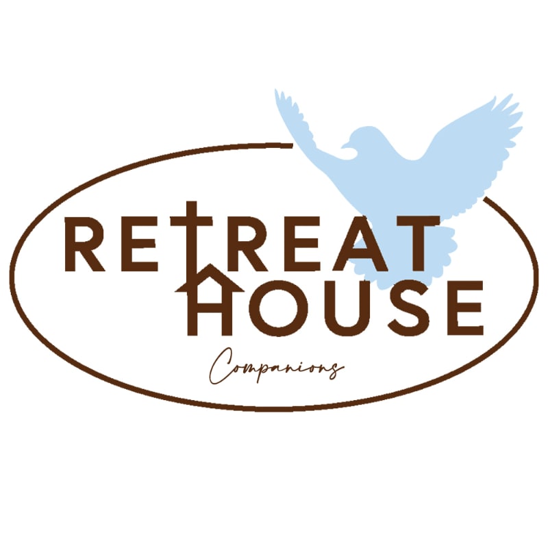 A light blue dove flies above an oval with "RETREAT HOUSE" and "Companions" written inside, with the "T" in "RETREAT" replaced by a cross and the "H" in "HOUSE" replaced by a house silhouette.