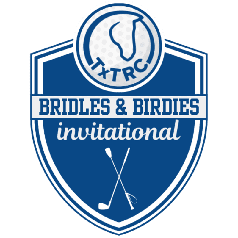 A blue shield logo with "BRIDLES & BIRDIEs invitational" written in white, featuring crossed golf clubs and a bridle in the foreground, and a horse head silhouette within a golf ball in the background.