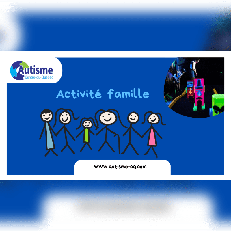 A group of stick figures representing a family is in the foreground, with a colorful, abstract image in the background.