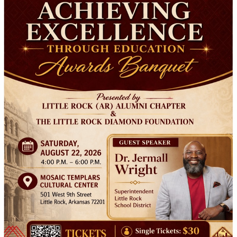 A poster for an awards banquet features event details and a guest speaker in the foreground, set against a textured background with a building illustration.