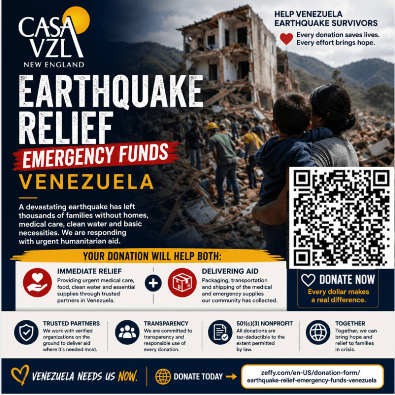 In the foreground, a QR code and donation information are presented, while the background shows a devastated building and people amidst the rubble.