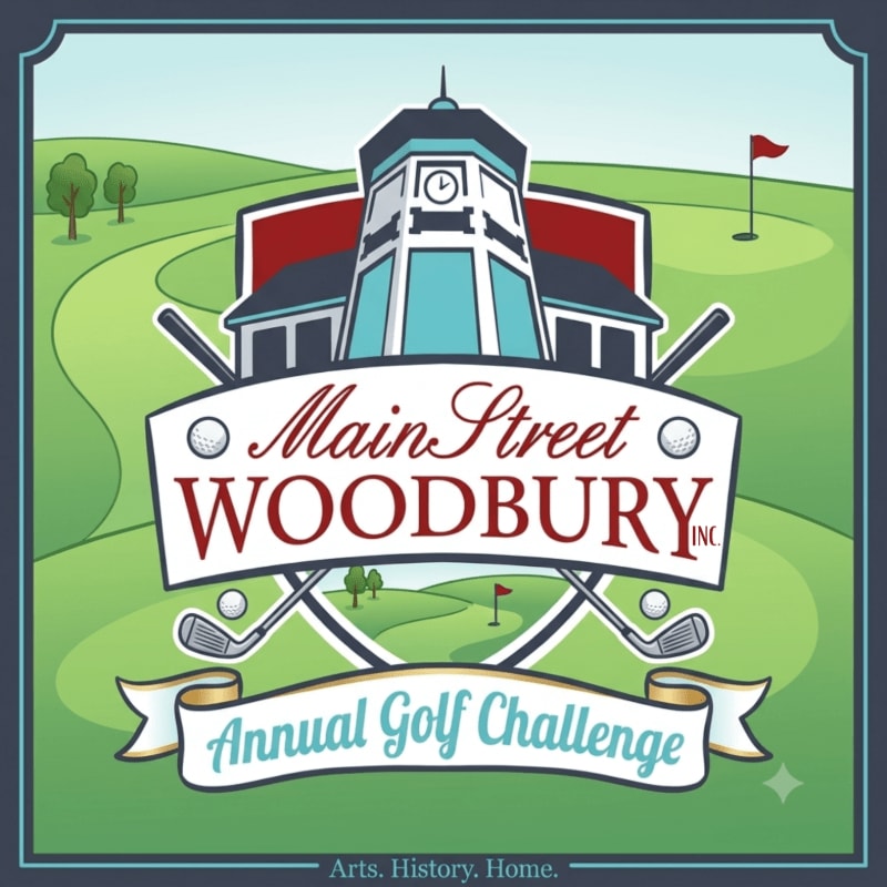 A stylized illustration of a golf course with a building and banner in the foreground and rolling green hills in the background.