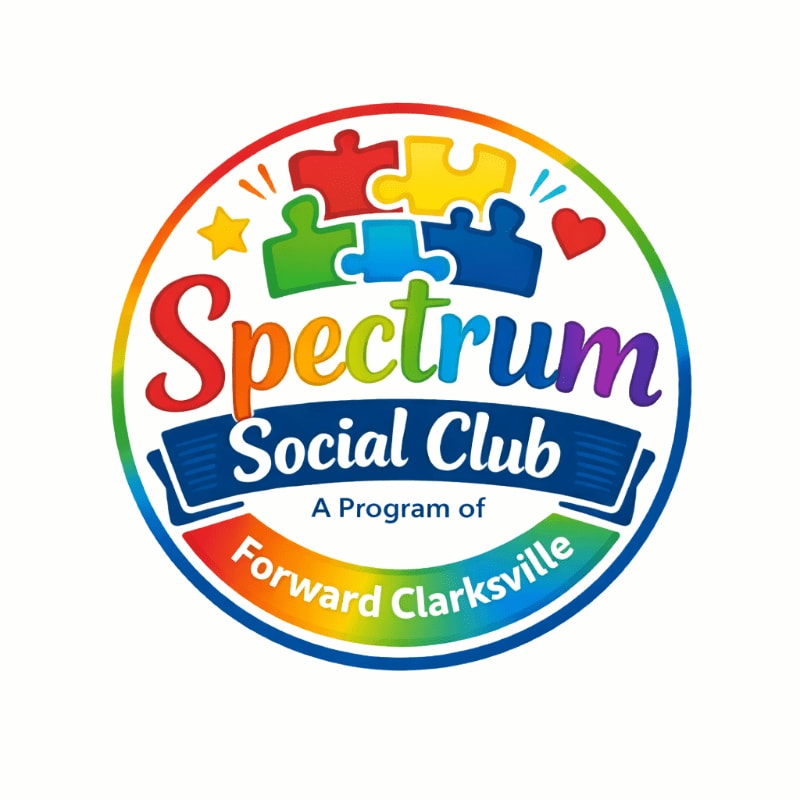 Colorful puzzle pieces form the top of a circular logo with "Spectrum Social Club" in bold, rainbow-colored text, set against a white background.