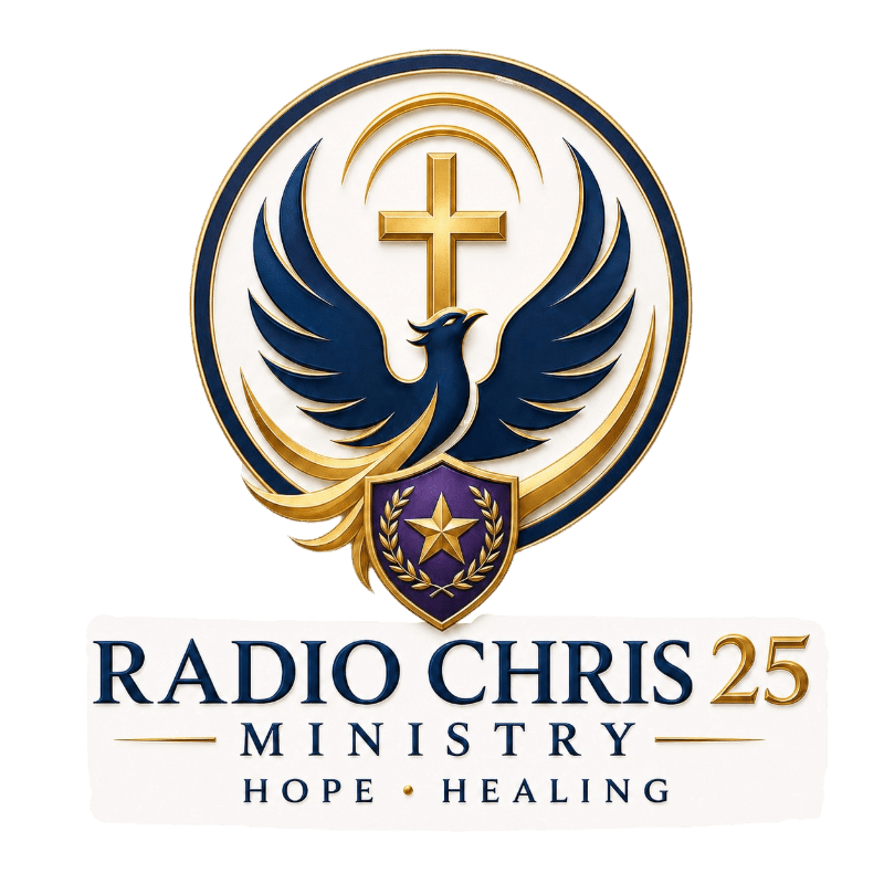 A golden cross and a phoenix are featured in the foreground of a circular emblem, with "RADIO CHRIS 25 MINISTRY HOPE HEALING" text in the background.