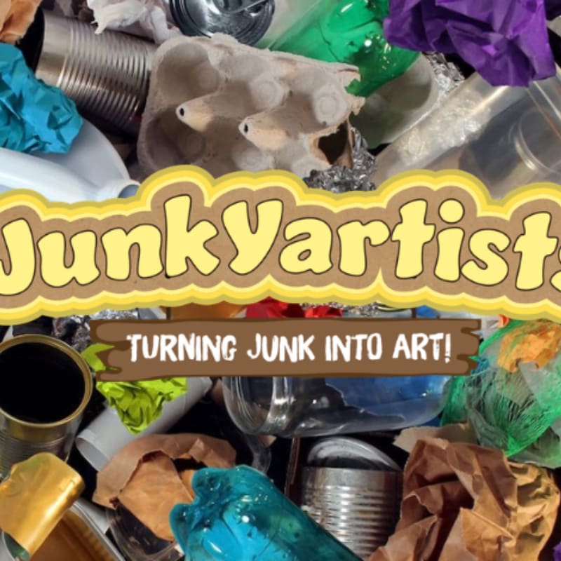 A pile of colorful recycled materials fills the foreground, with the words "Junkyartists: Turning Junk Into Art!" emblazoned across the middle.