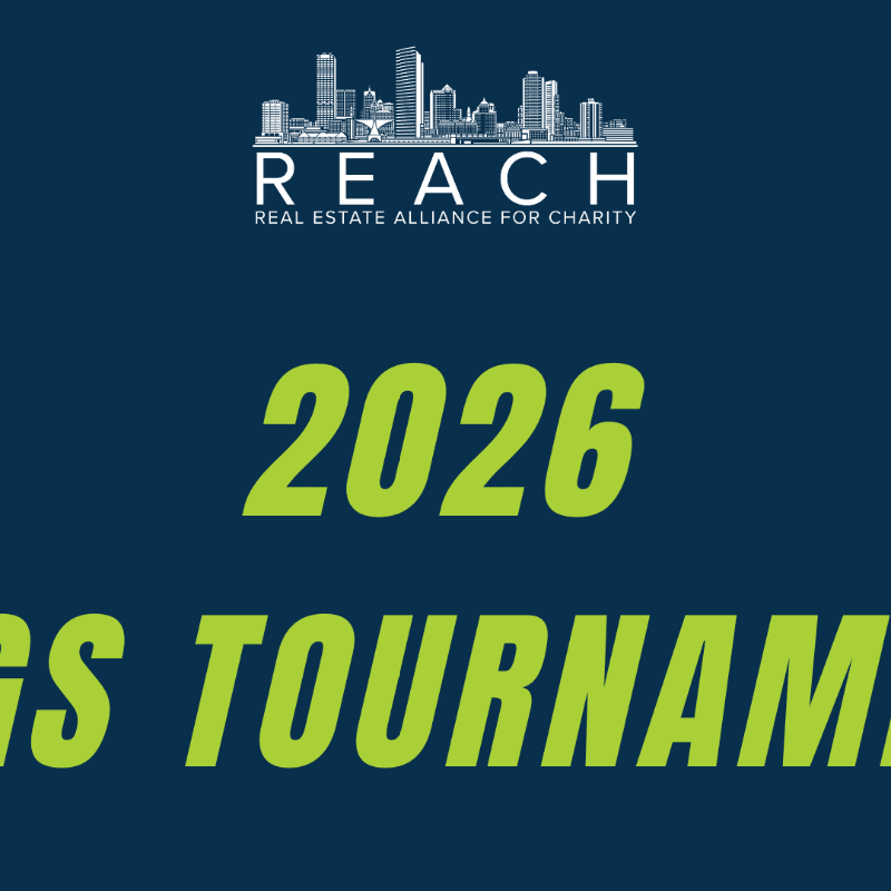 A dark blue background features the text "2026" in bright green, with "GS TOURNAM" also in bright green below it, and a white silhouette of a city skyline above the "REACH REAL ESTATE ALLIANCE FOR CHARITY" logo.