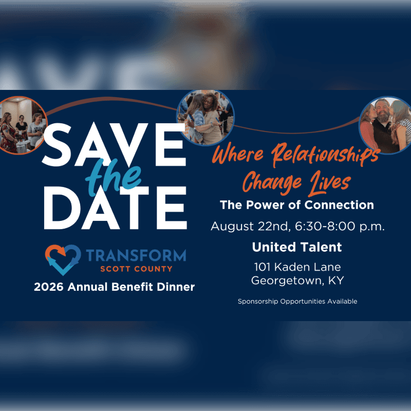 A dark blue banner advertises the "Transform Scott County 2026 Annual Benefit Dinner" with event details in the foreground and circular photos of people in the background.